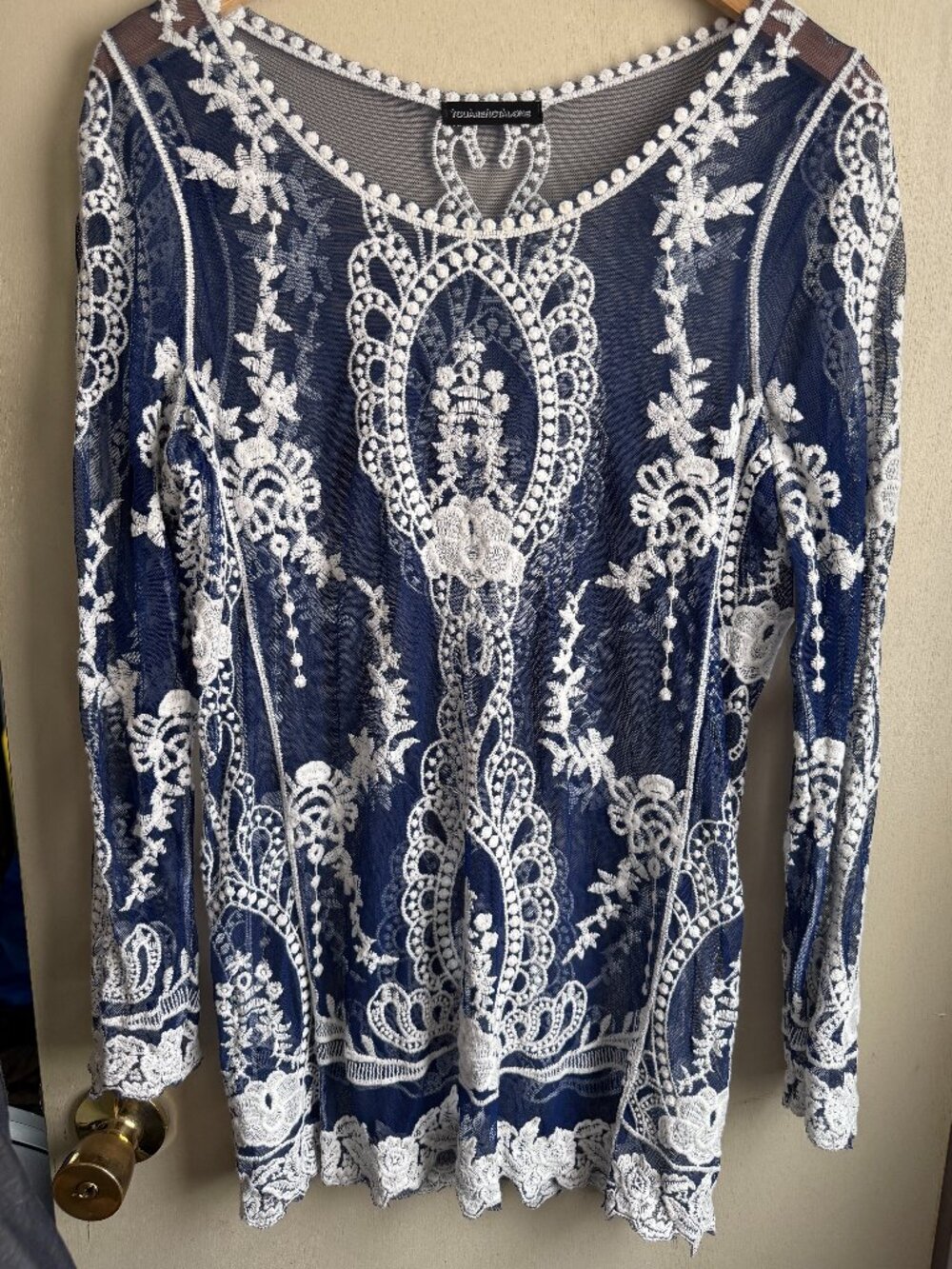 You Are Not Alone Sheer Navy Blue and White Embroidered Oversized Top - Medium